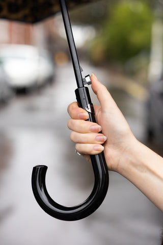 The handle of the Black & Leopard Print Umbrella.