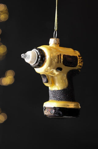 Lifestyle image of the Black and Gold Drill Christmas Decoration