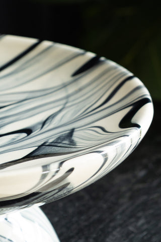 Close-up of the Black & White Marbled Cake Stand.