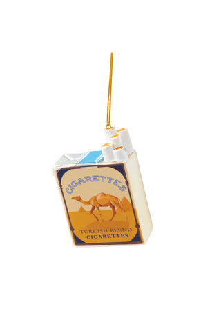 Cutout of the Blue Cigarette Pack Christmas Tree Decoration on a white background.