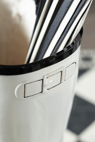 Close-up of the buckle detail on the Black & White Wellington Boot Umbrella Stand.