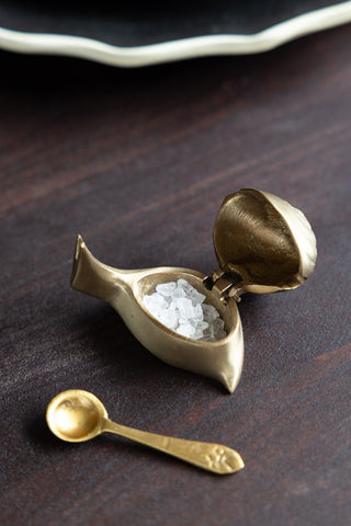 The Brass Disco Snail Salt Cellar with the lid open and some salt inside, displayed on a dark surface with the accompanying spoon.