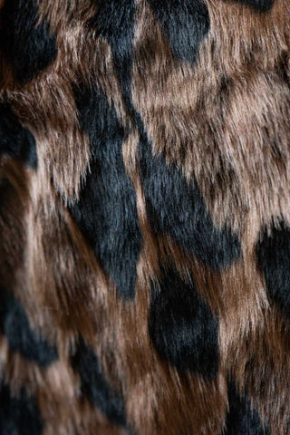 Detail of the black, chocolate and mocha tones of the Chocolate Abstract Faux Fur Throw. 