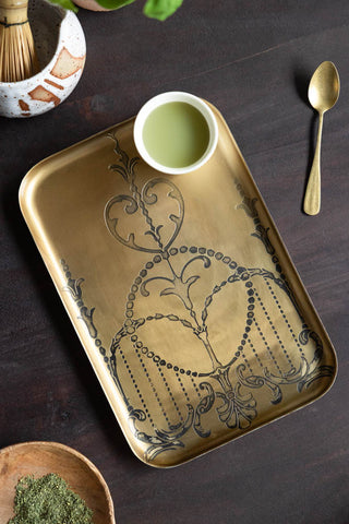 The Brushed Gold Art Nouveau Tray styled with some matcha and dining accessories.
