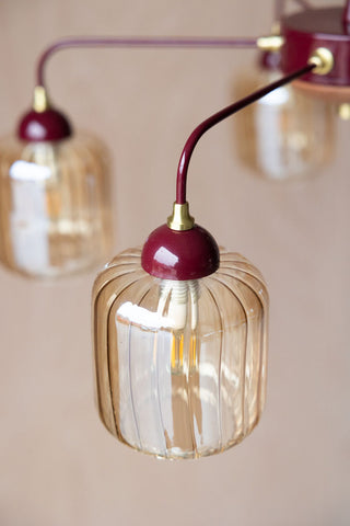 Close-up image of the Burgundy Metal & Ribbed Glass Ceiling Light
