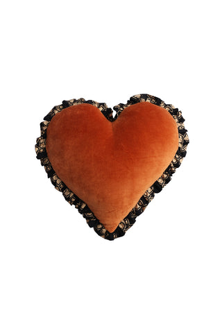 Image of the Burnt Orange Velvet Ruffle Heart Cushion on a white background