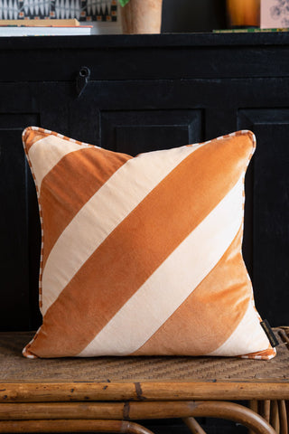 Image of the Terracotta & Peach Diagonal Stripe Velvet Cushion