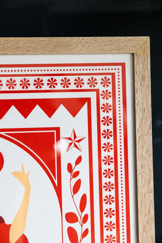 Detail image close up of the Cha Cha A2 Art Print in Red in a natural frame