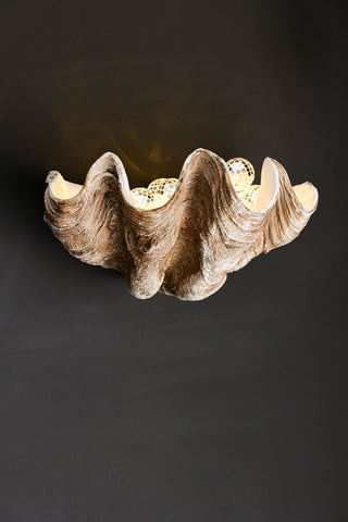 Image of the Clam Shell Wall Shelf styled with gold disco balls inside