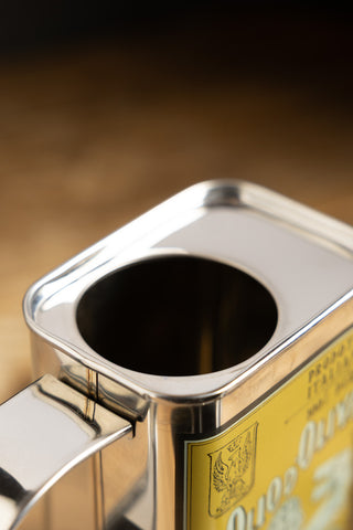 Close-up of the top of the Classic Stainless Steel Olive Oil Dispenser.