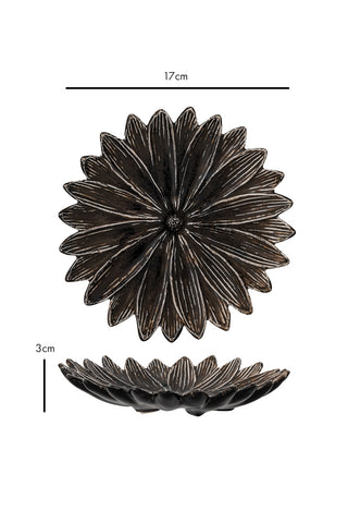 Cutout image of a cocoa lotus flower trinket dish on a white background with dimensions. 