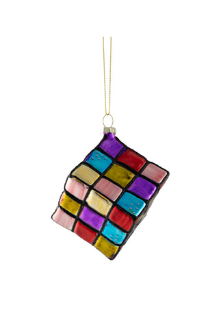 Cutout of the Retro Colourful Cube Christmas Tree Decoration on a white background.