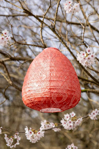 Lifestyle image of the Coral Dome Outdoor Solar Lantern With Stand