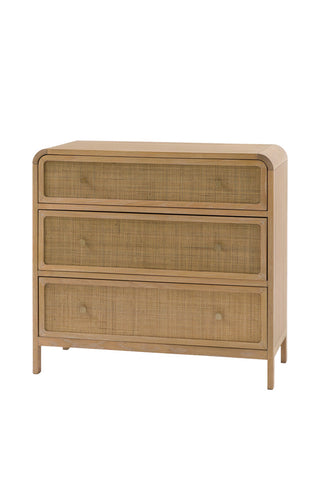 Cutout of the Curved Wood & Rattan Chest Of Drawers on a white background.
