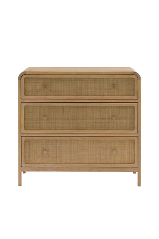 The Curved Wood & Rattan Chest Of Drawers on a white background.