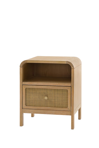 The Curved Wood & Rattan Bedside Table seen from an angle, on a white background.