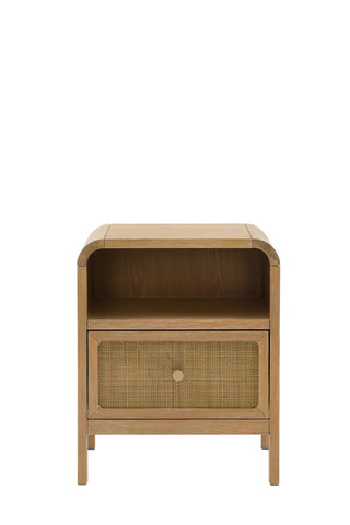 Cutout of the Curved Wood & Rattan Bedside Table on a white background.