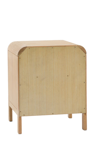 The reverse side of the Curved Wood & Rattan Bedside Table on a white background.