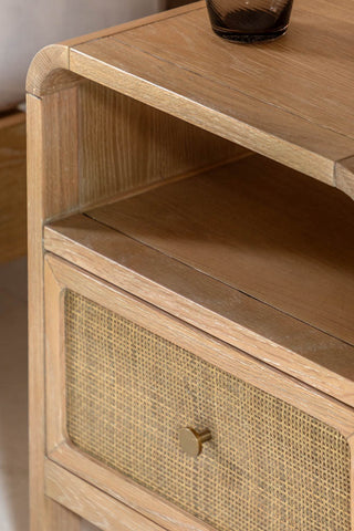 Close-up of the Curved Wood & Rattan Bedside Table.