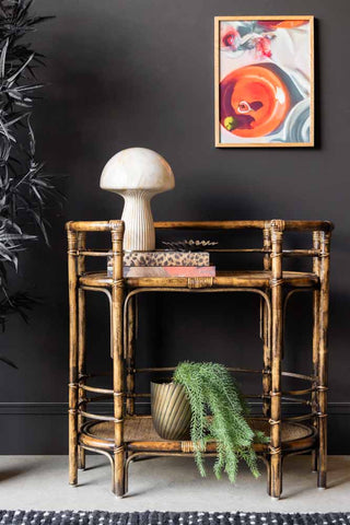 Lifestyle image of the Dark Brown Rattan Console/Drinks Table styled with various home accessories, next to a plant in front of a dark wall with an art print on.