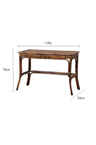 Cutout image of the Dark Brown Rattan Console on a white background with dimension details.