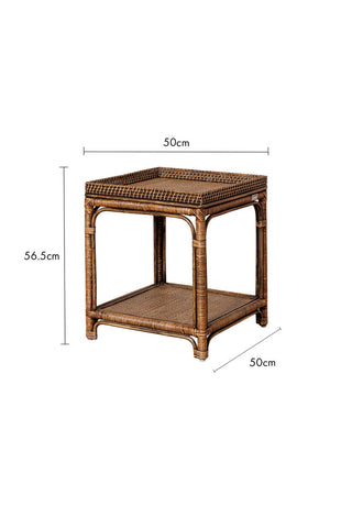 Cutout image of the Dark Brown Rattan Side Table on a white background with dimension details.