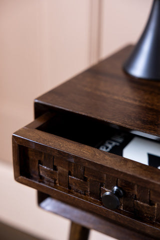 Detail image of the Dark Wood Basket Weave 2-Drawer Bedside Table