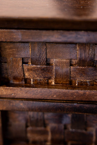 Close-up image of the Dark Wood Basket Weave 2-Drawer Bedside Table