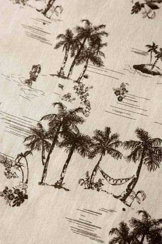 Pattern of the Desert Island Cotton Muslin Bedding Set, showing palm trees, tropical flowers, a hammock and a mermaid