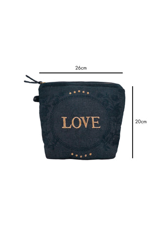 Cutout image of embroidered love cotton pouch on a white background with dimensions. 