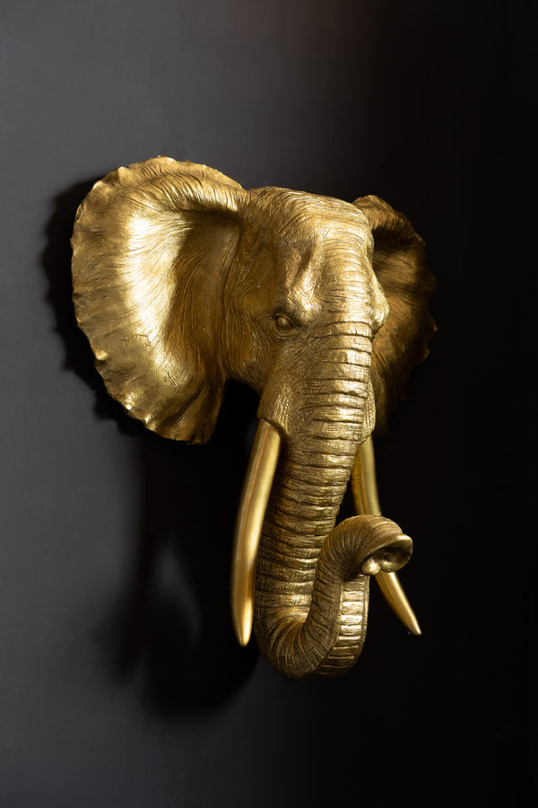 The Extra Large Gold Elephant Head Wall Art shown against a dark black wall.