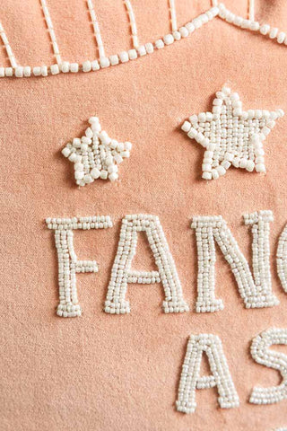 Close-up of the beading on the Fancy As Fuck Double-Fringed Pink Velvet Cushion.