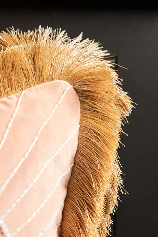 Close-up of the frigning on the Fancy As Fuck Double-Fringed Pink Velvet Cushion.