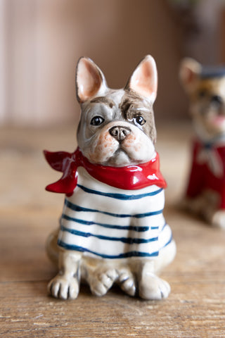 The Frenchie from the French Bulldog Salt & Pepper Shaker Set, shown with a stripe jumper and red bandana.