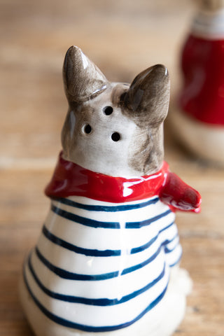 The back of the Frenchie with the stripe jumper from the French Bulldog Salt & Pepper Shaker Set.