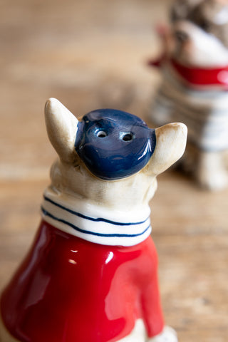 The back of the Frenchie with the red jumper from the French Bulldog Salt & Pepper Shaker Set - showing the saltr/pepper holes. 
