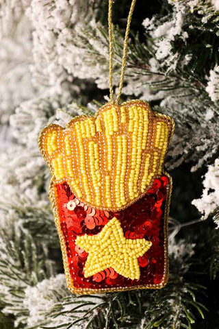 Lifestyle image of the Beaded Box Of Fries Christmas Decoration