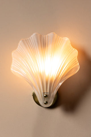 Close up of the Stunning Frosted Glass Shell Wall Light with the light on