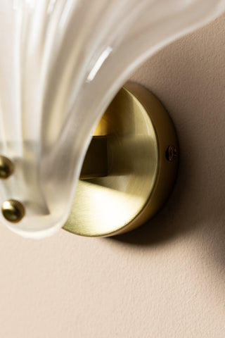 Detail of the Stunning Frosted Glass Shell Wall Light, showing the gold base