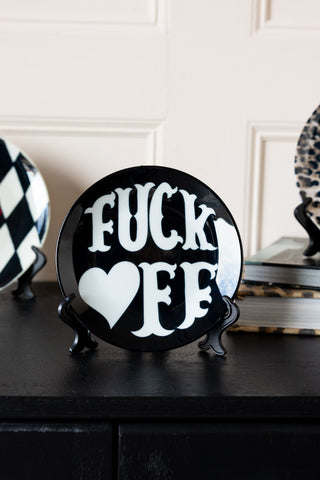 Image of the Fuck Off Decorative Wall Plate on a stand
