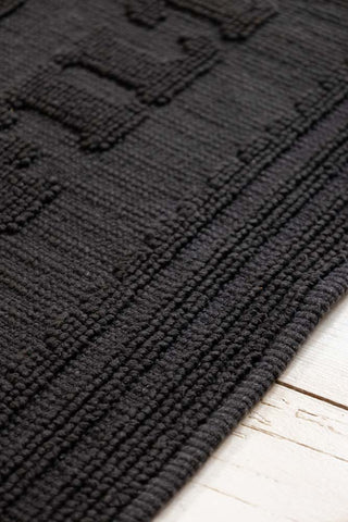 Close-up of the detailing on the edge of a black bath mat.