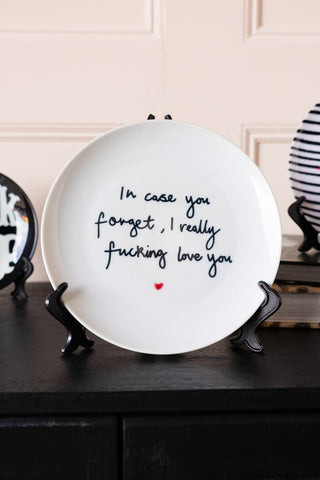 Image of the Fucking Love You Decorative Wall Plate on a stand