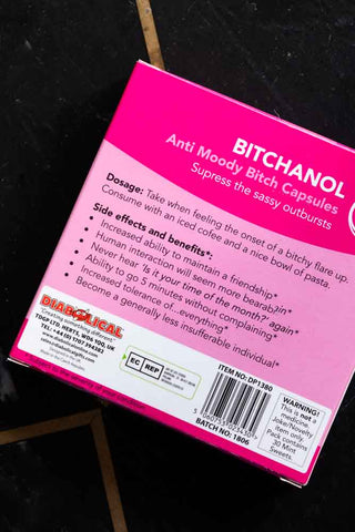 Close-up of the reverse side of the Bitchanol Mints Pill Packet.
