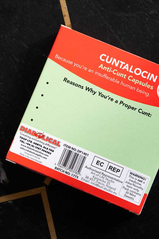 Close-up of the reverse side of the Cuntalocin Mints Pill Packet.