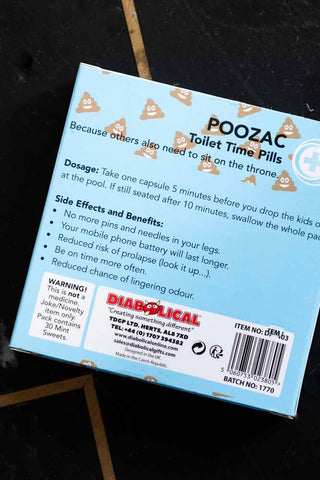 Close-up of the text on the reverse side of the Poozac Mints Pill Packet.