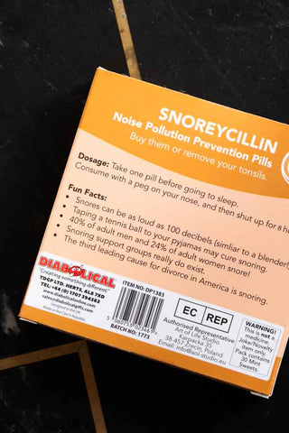 Close-up of the reverse side of the Snoreycillin Mints Pill Packet.