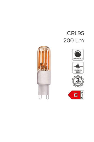 Cutout image of the Amber G9 3W Light Bulb on a white background with additional information about the product. 