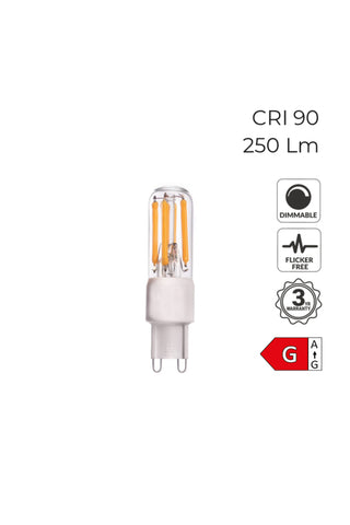 Cutout image of the Clear G9 3W Light Bulb on a white background with additional information about the product. 