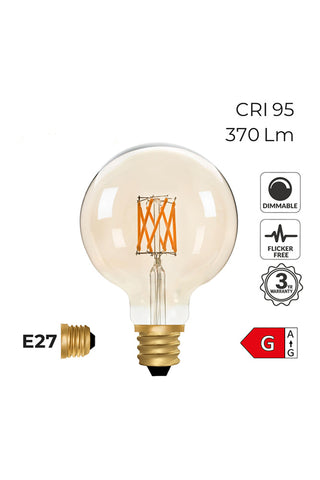 Cutout image of the Globe E27 6W Amber LED Light Bulb on a white background with additional information about the product. 