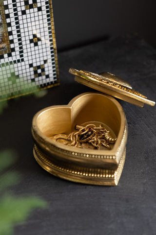 The Gold Amour Heart Trinket Box shown with lid off and jewellery inside.